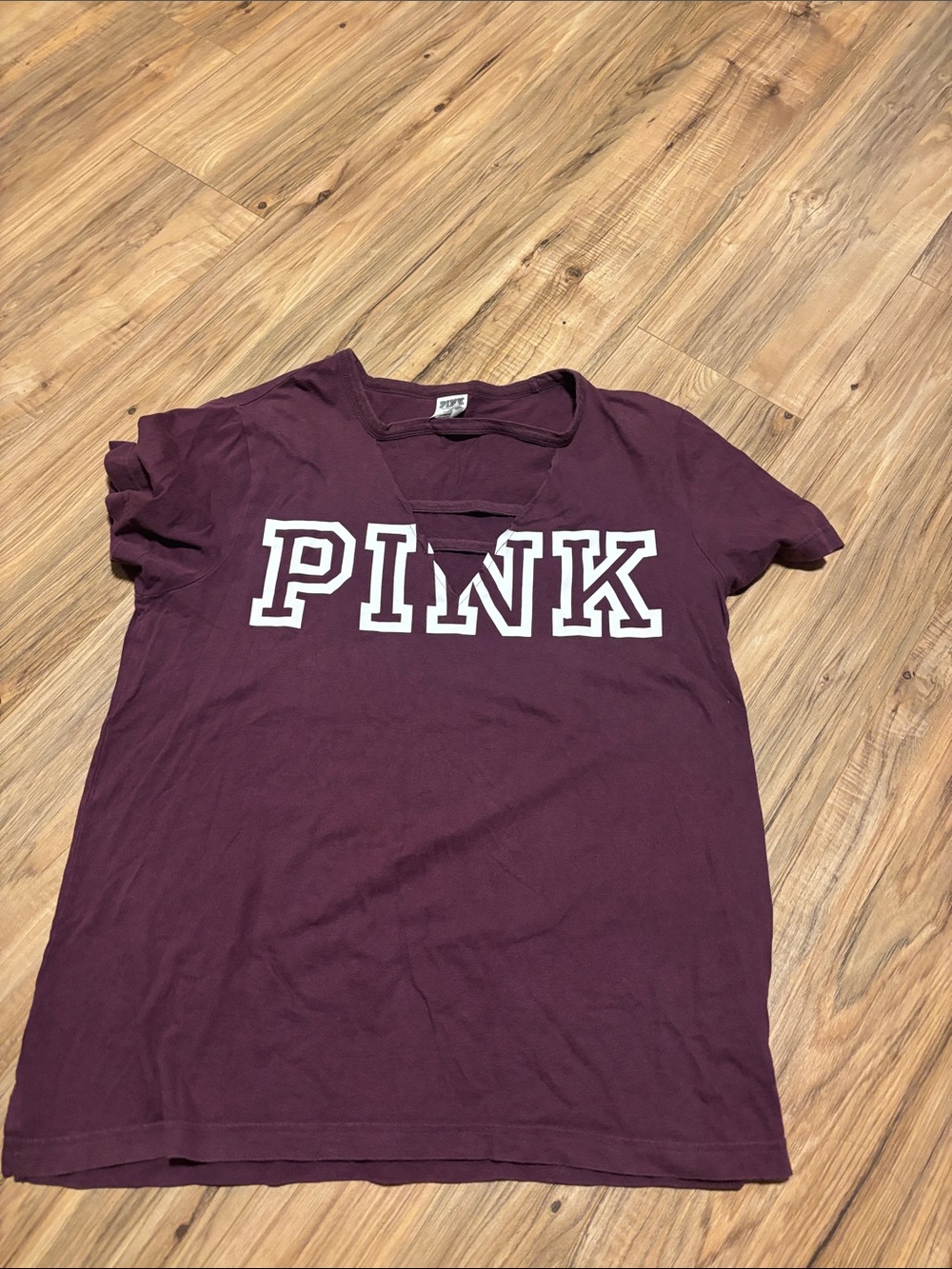 PINK Victoria's Secret Short Sleeve Logo Tee in Burgundy with White Lettering
